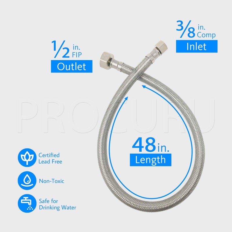 PROCURU [2-Pack] PROCURU 48" (4Ft) x 3/8" Comp x 1/2" FIP Faucet Hose Connector, Stainless Steel Braided Supply Line, Certified Safe (9SF48-2P) - Image 2